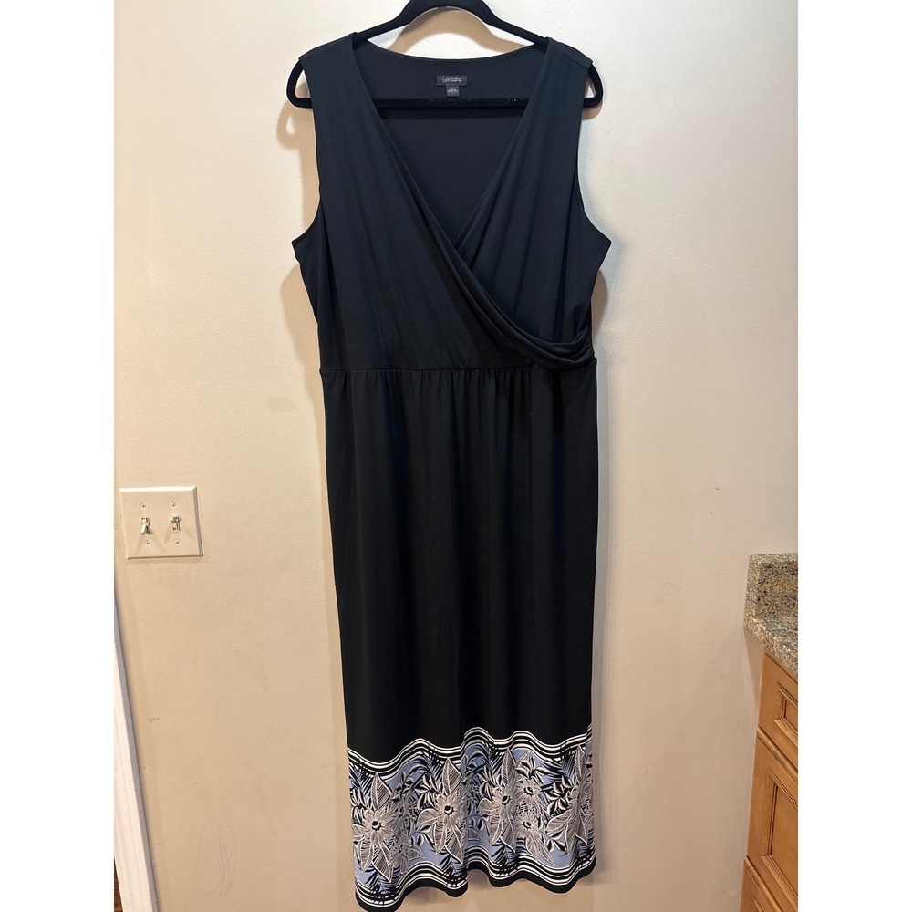 J. Jill Wearever Black‎ Floral Border Maxi Dress Sleeveless Faux Wrap Large